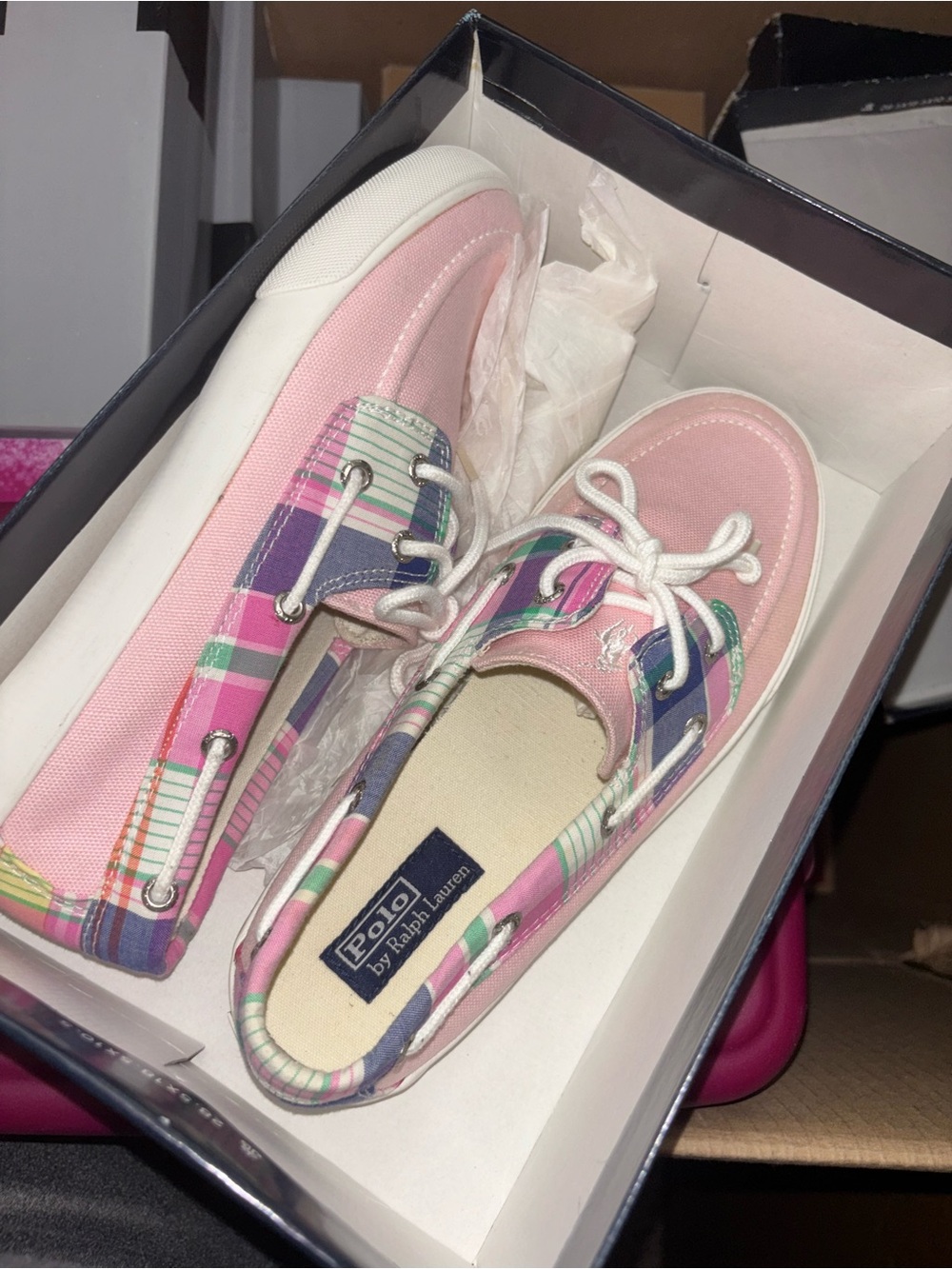 Ralph Lauren Pink Canvas Moccasins with Multicolor Plaid Trim